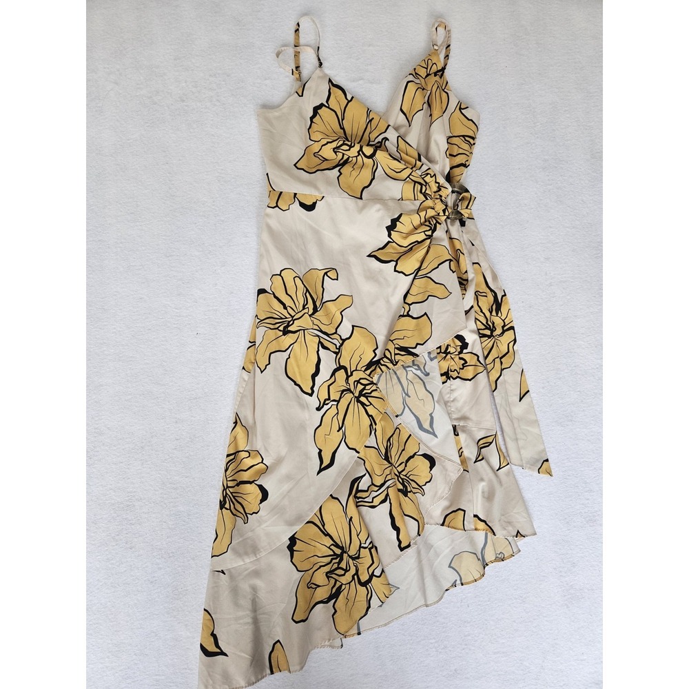 Hutch Mercer Yellow Floral True Wrap Dress Asymmetrical Ruffle‎ Midi Large